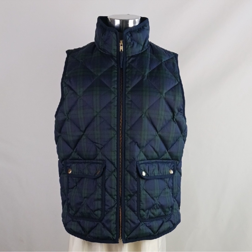 J.Crew Med. Navy & Green Tartan Plaid Down Fill Puffer Vest Full Zip Pockets - Picture 2 of 9